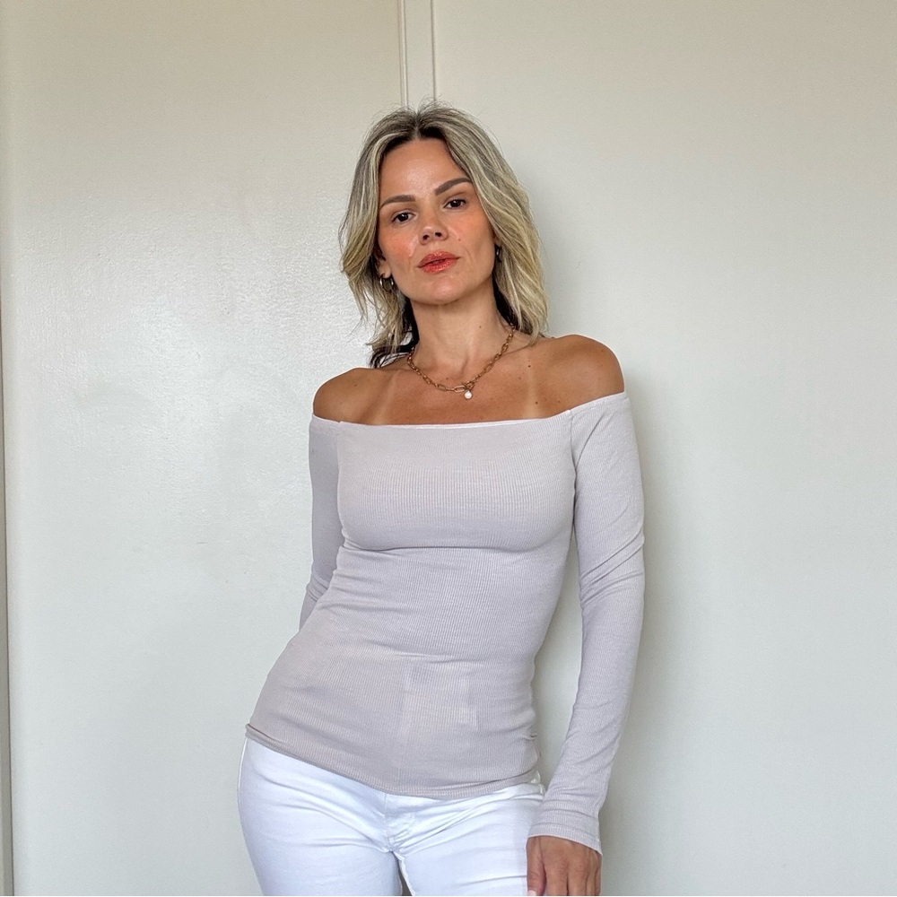 New Enza Costa Silk Rib Off the Shoulder Long Sleeve Top